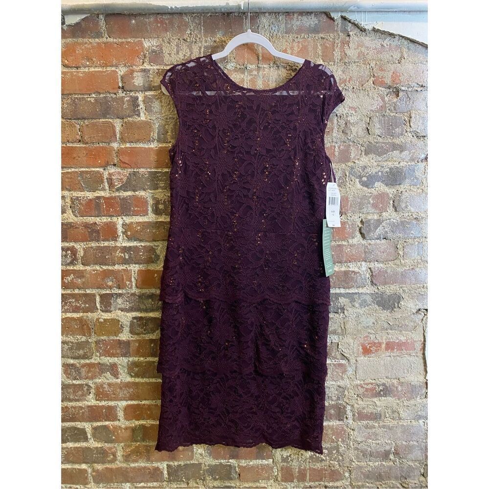 BLU SAGE Eggplant Purple Sequin Lace Layered Formal Cocktail Dress Shirt Sleeve